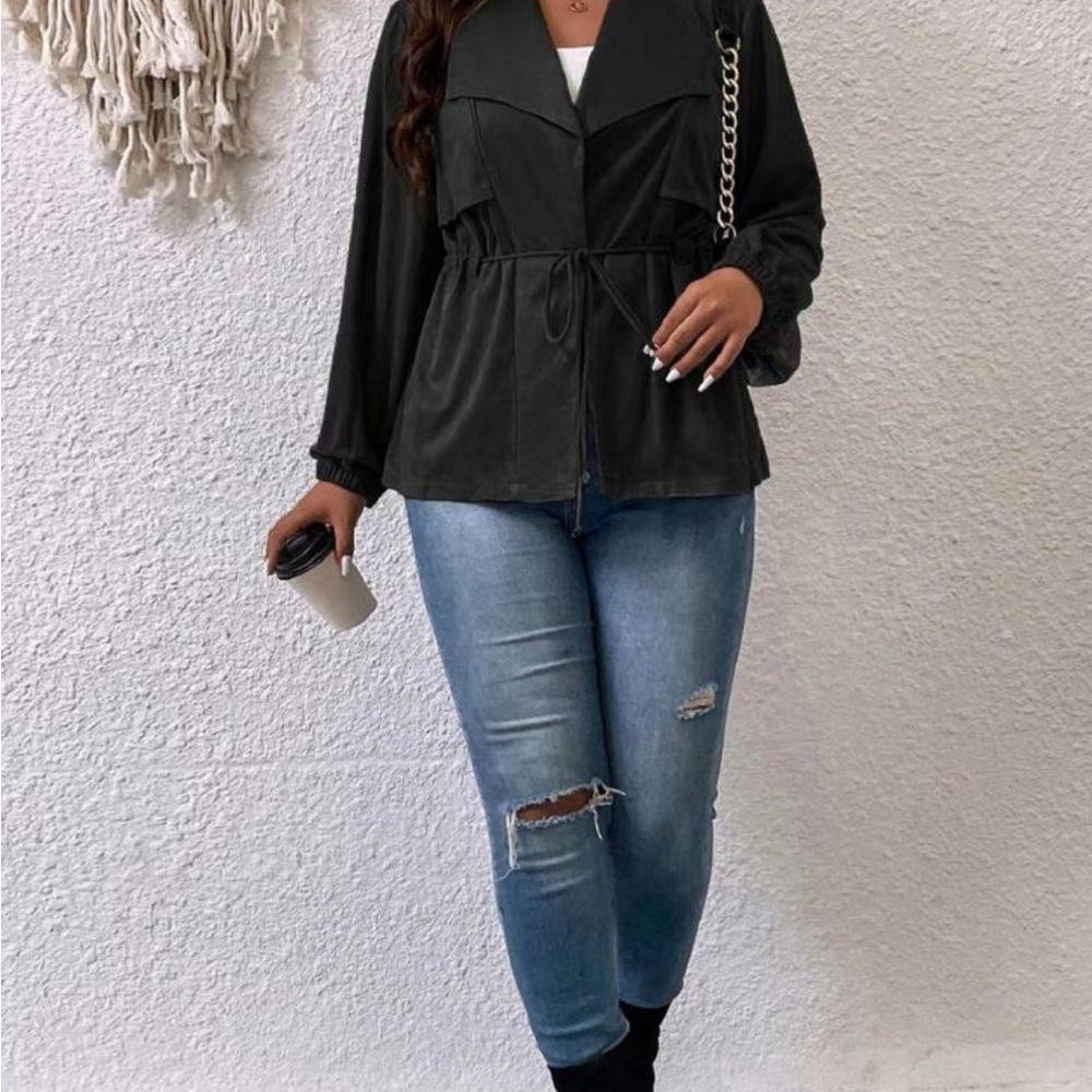 SHEIN Curve Women’s Black Waterfall Collar‎ Drawstring Waist Jacket 1XL NWT - Picture 6 of 10